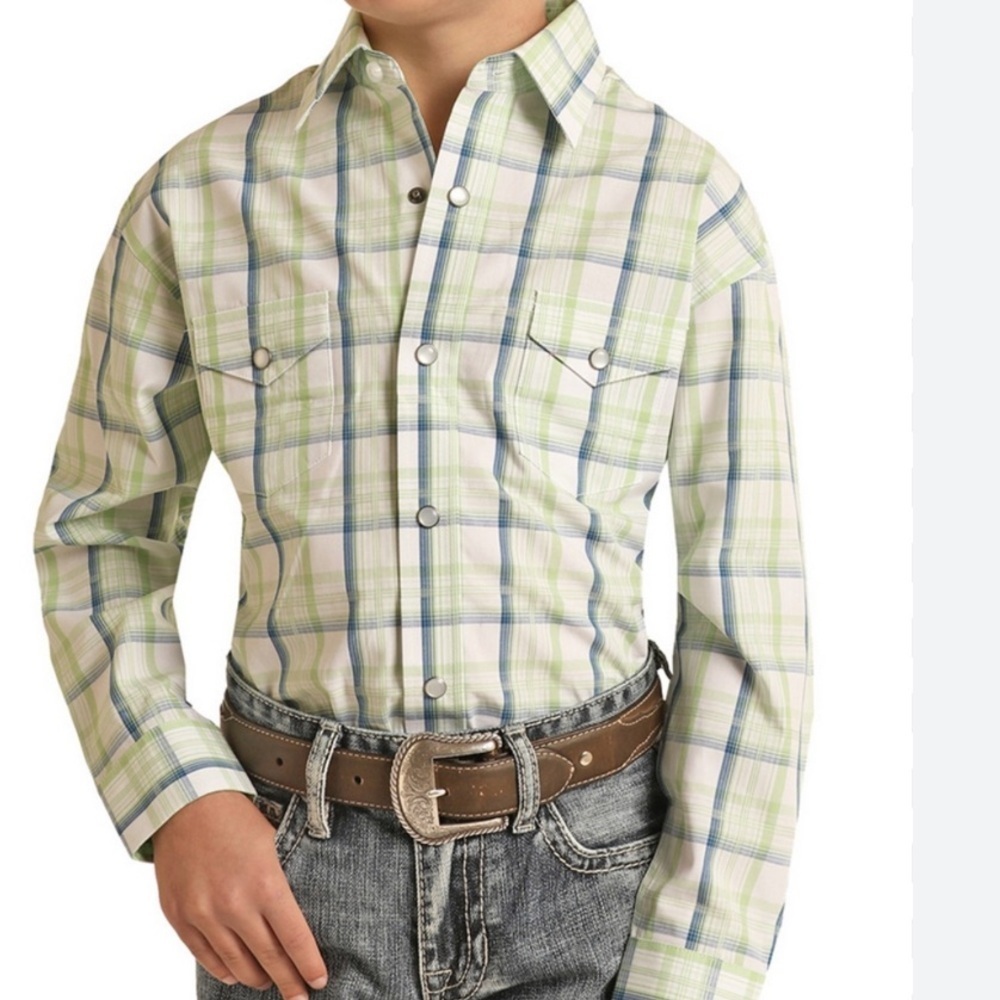 PANHANDLE BOYS BLUE AND GREEN PLAID SNAP BUTTON SHIRT LONG SLEEVE YOUTH XL / 18